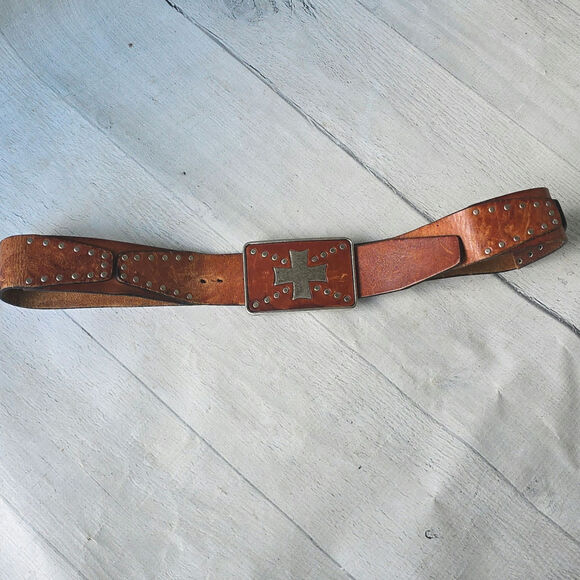 Vintage Guess Genuine Leather Studded Brown Belt Size M Iron Cross - Picture 1 of 9